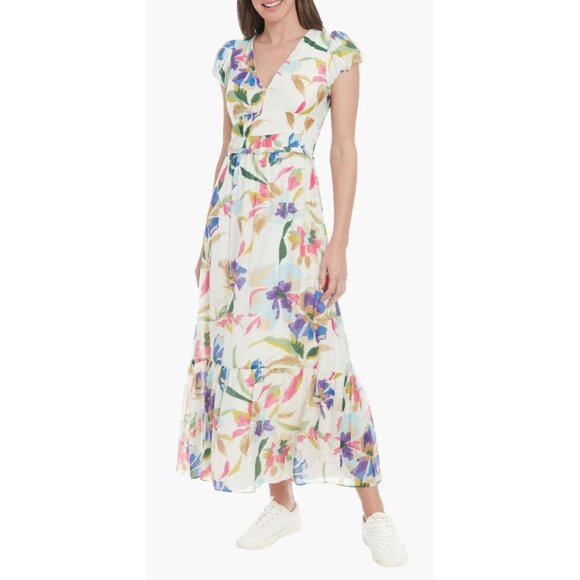 NWT London Times White Maxi Dress w/Pops of Fun Colors Size 12 - Picture 6 of 7